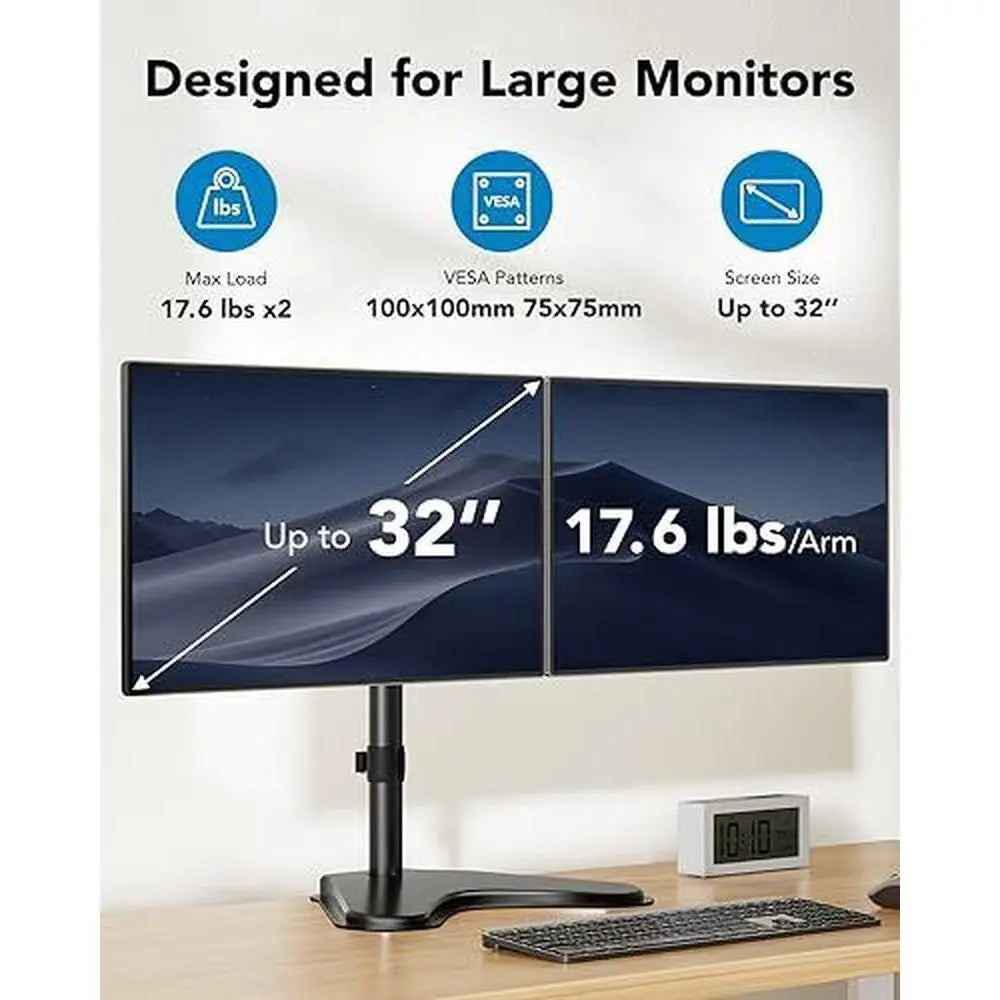 Dual Monitor Stand, Free-Standing Fully Adjustable Dual Monitor Mount Black