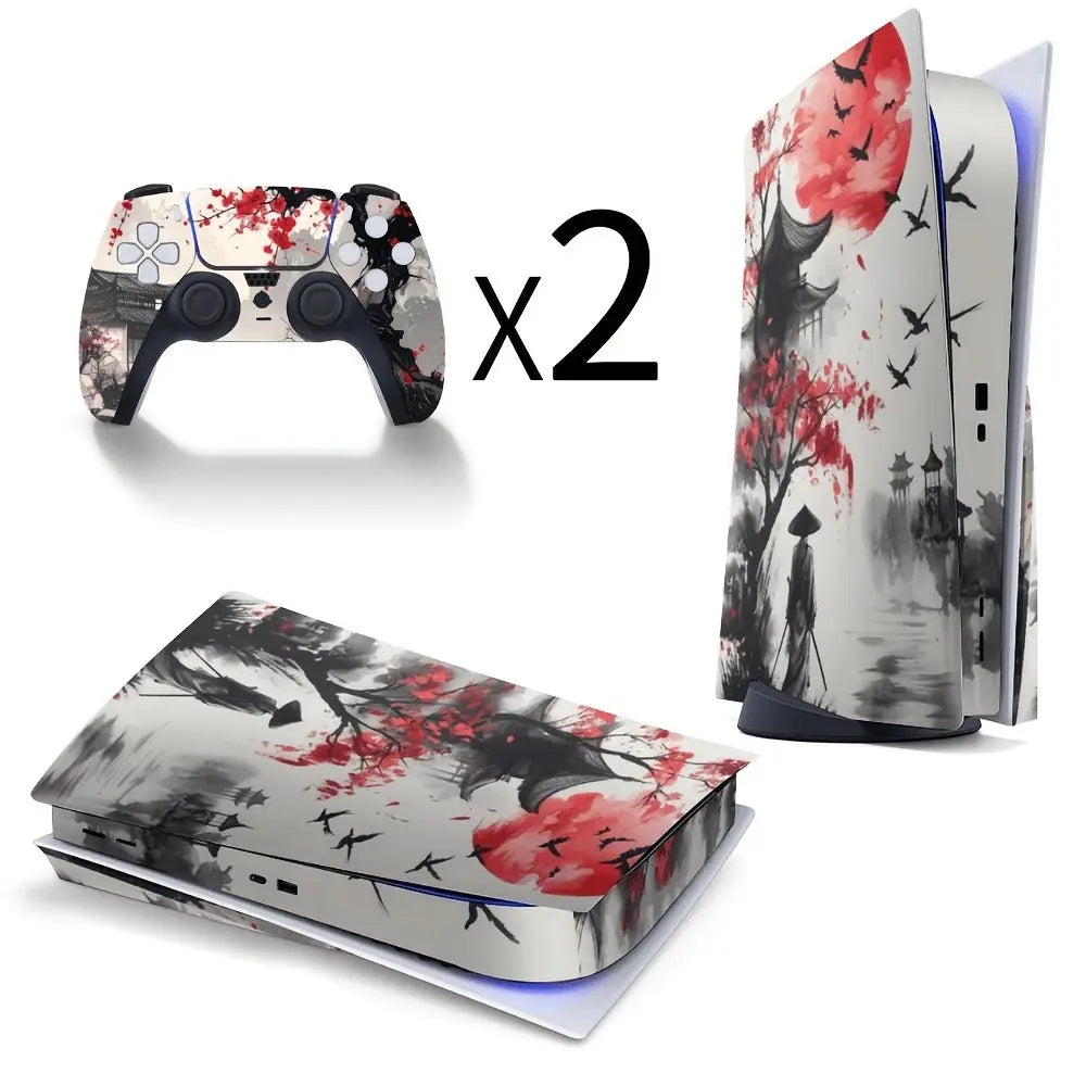 For PS5 & PS5 Slim All Models Console & Controller Skin Set - Crimson Sun Samurai Ink Art Theme | Premium Vinyl Wrap, Anti-Scratch, Console Accessories