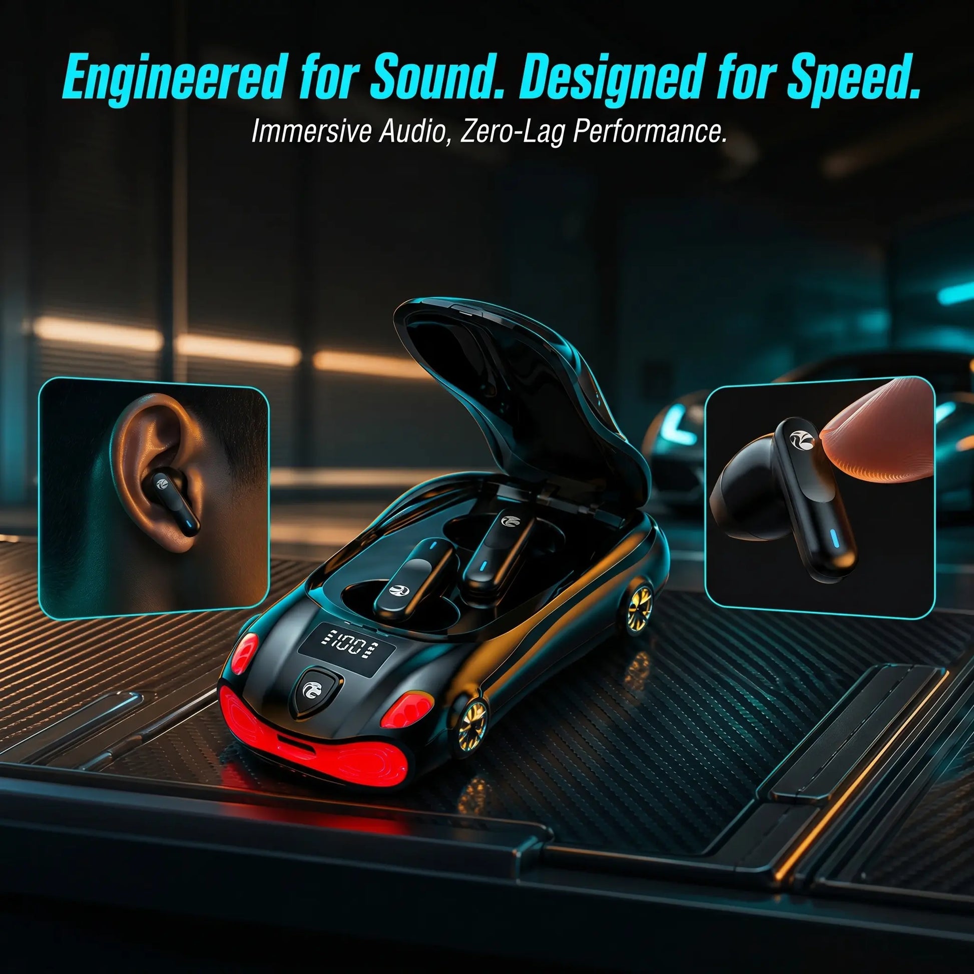 Sports Car Design Black Wireless Earbuds, Bluetooth 5.4 In-Ear Headphones with Low Latency & Long Battery Life, Portable Audio for Sports Daily Commute – Father‘S Day Gift for Dad