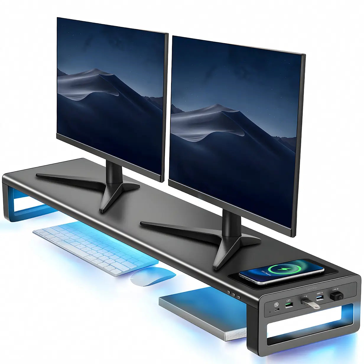 Dual Monitor Stand Aluminum Monitor Riser with Wireless Charging and 4 USB 3.0 Hub Ports 