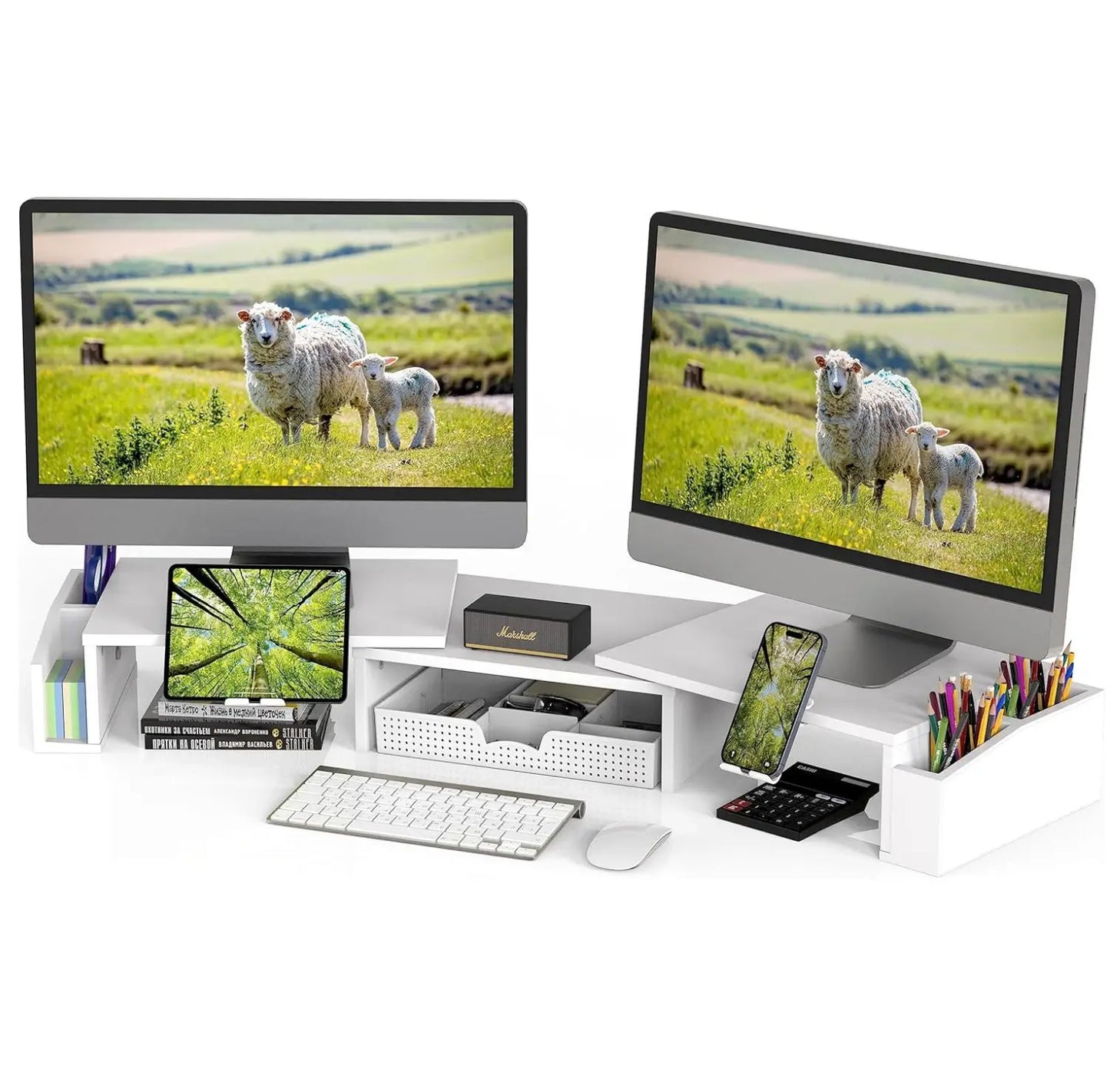 Desk Dual Monitor Stand Riser with Drawer Side Caddies and Ipad/Phone Holder