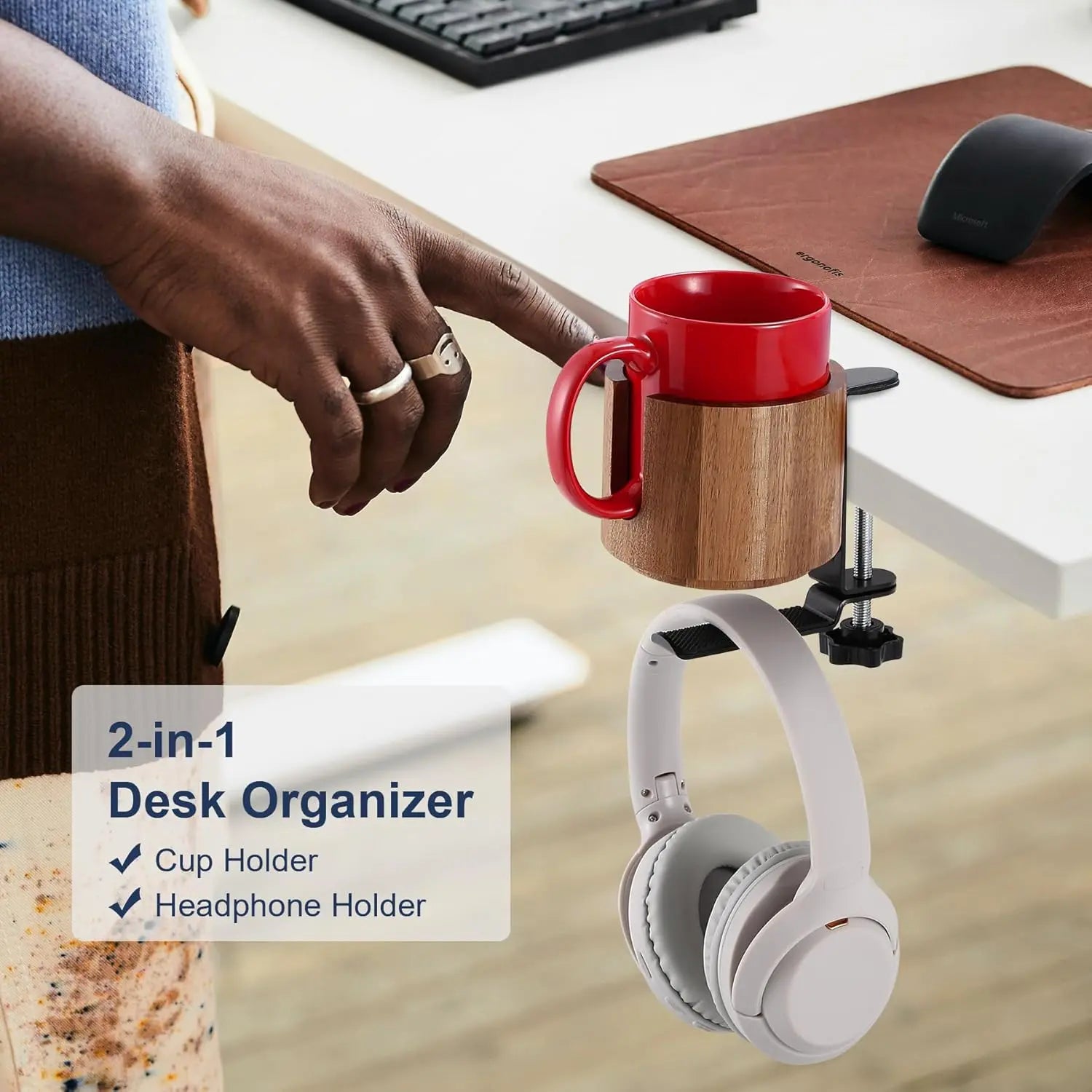Desk Cup Holder, 2 in 1, 360 Rotating Headphone Hanger under Desk,