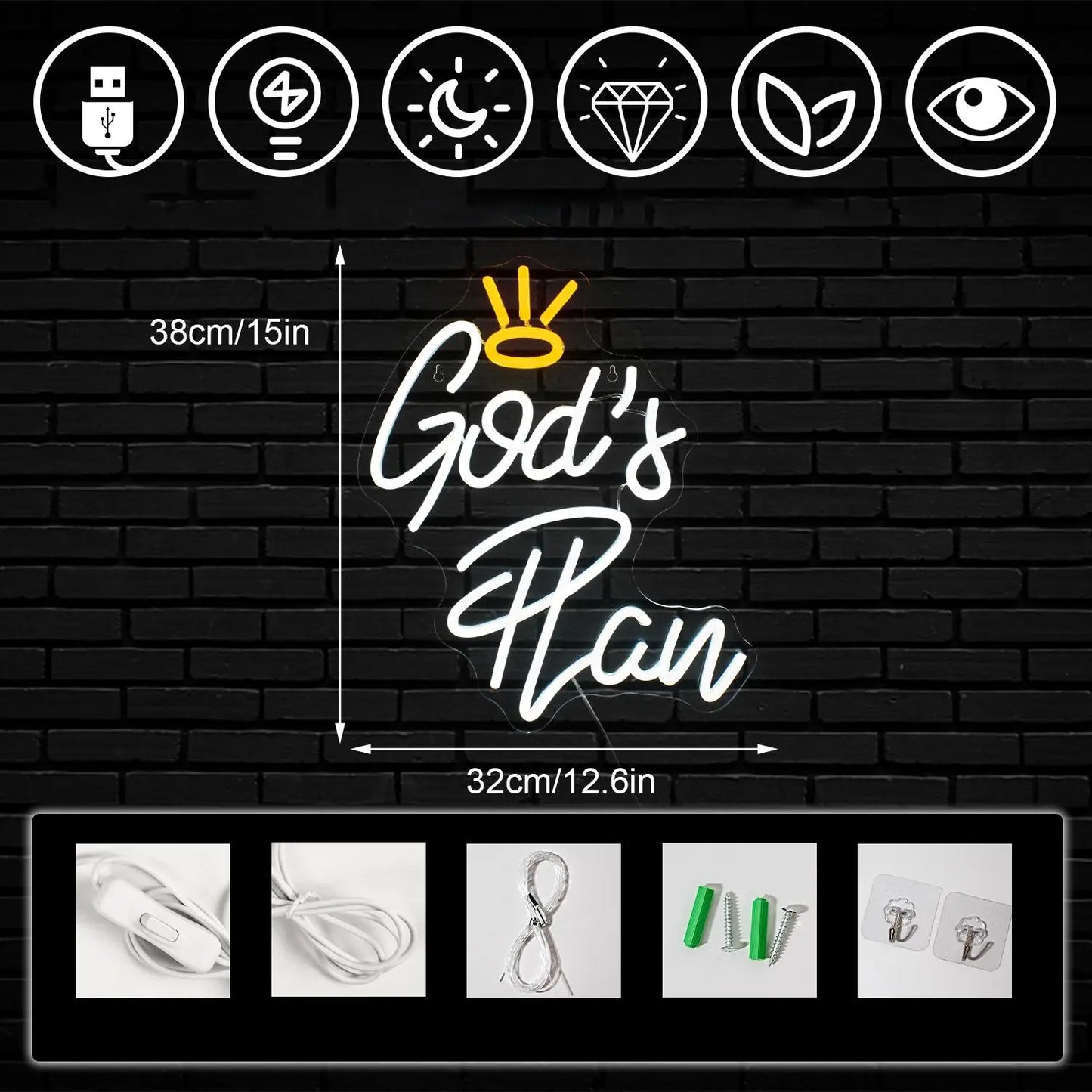 "God'S Plan" Neon Sign, Crown Shaped Design LED Neon Light