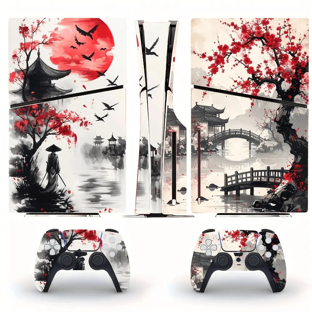 For PS5 & PS5 Slim All Models Console & Controller Skin Set - Crimson Sun Samurai Ink Art Theme | Premium Vinyl Wrap, Anti-Scratch, Console Accessories