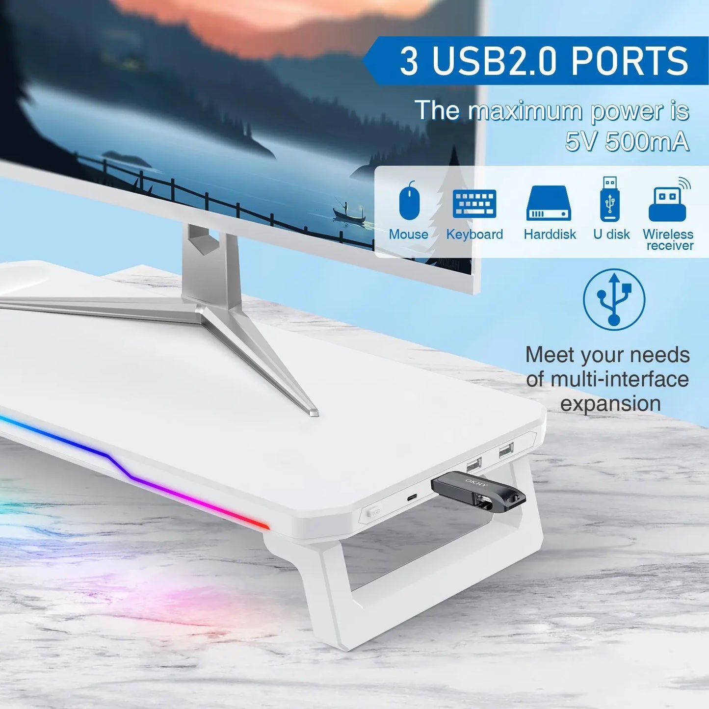 Monitor Stand with RGB Light, Monitor Riser with Keyboard Holder, Desktop Computer Stand, Desktop Storage Stand for Home Office, Dual Monitor Riser, Screen Stand